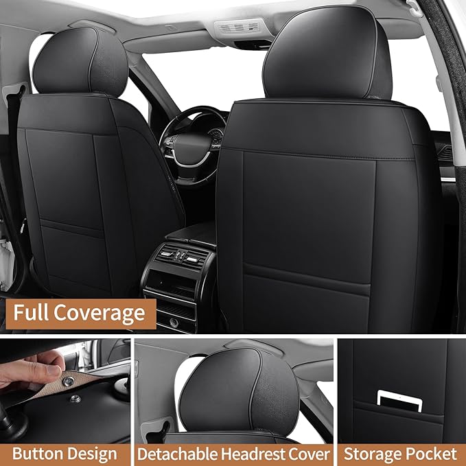 Leather Front Seat Covers for Cars Breathable Seat Covers Waterproof Seat Protectors Universal Fit for Most Automotive Cars SUV Trucks Van (Black, Front Pair)