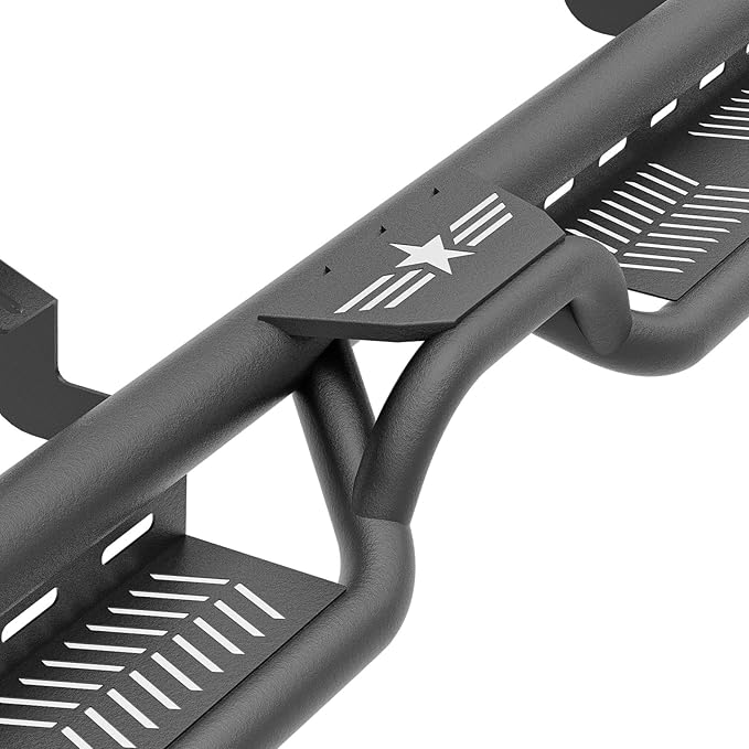 Double Cab Running Boards Side Steps Compatible with 2007-2021 Toyota Tundra Extended Cab (2 Half-Size Rear Doors), Bolt-on Nerf Bar Step Rails, Two Stairs Design (Black Steel, Star Logo)