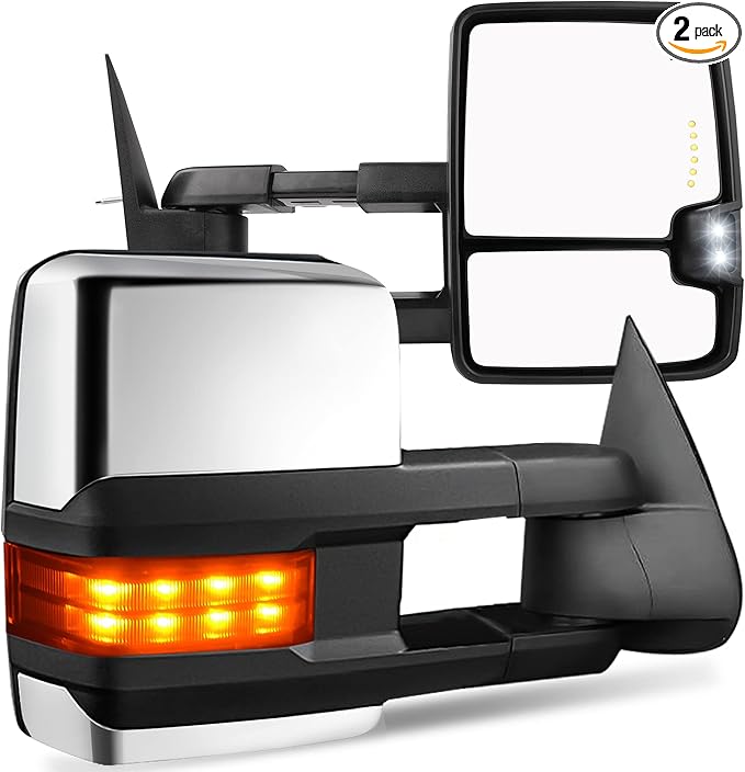 AUTOSAVER88 Towing Mirrors Compatible with 2003-2007 Chevy Silverado GMC Sierra 1500 2500 3500 Tahoe Suburban Avalanche Yukon Power Heated LED Signal Side View Mirror Pair Chrome