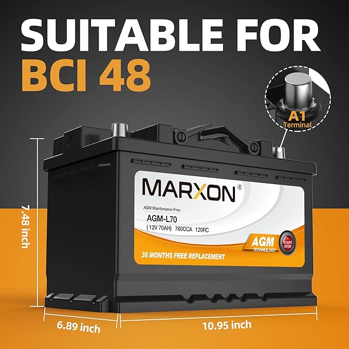 MARXON Group 48 H6 L3 Start and Stop Car Battery 12v 70AH 760CCA AGM BCI48 Maintenance Free Automotive Replacement Batteries