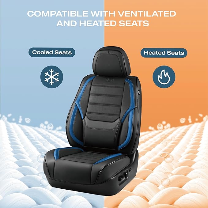 Skechers MAX Cushioning Seat Covers,Memory Foam Leather Car Seat Covers,Waterproof Front Seat Covers,Car Seat Cushion Airbag Automotive Universal Fit for Most Cars,Vans,Trucks,SUV,Blue