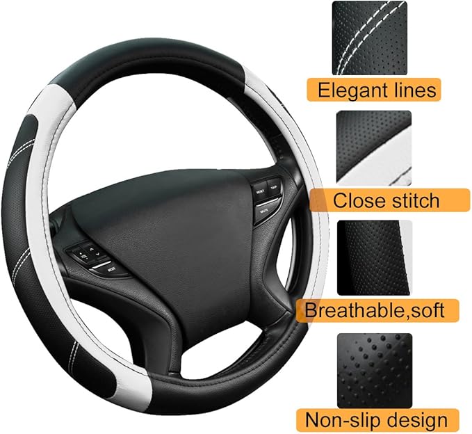 CAR PASS Line Rider Microfiber Leather Sporty Steering Wheel Cover Universal Fits for 95% Truck,SUV,Cars,14.5-15inch Anti-Slip Safety Comfortable Desgin (Black-White)