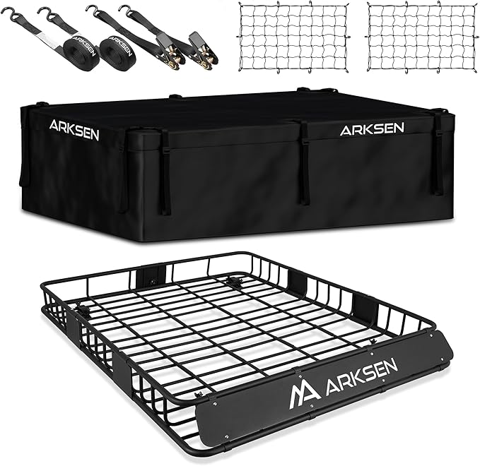 ARKSEN 64 x 50 x 6 Inch Universal Extra Wide 150LB Heavy Duty Roof Rack Cargo with 500D PVC Waterproof Cargo Bag, Nylon Cargo Nets, Ratchet Straps,Car Top Luggage Holder Carrier Basket for SUV, Truck