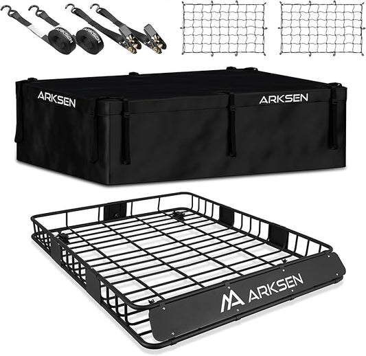 ARKSEN 64 x 50 x 6 Inch Universal Extra Wide 150LB Heavy Duty Roof Rack Cargo with 500D PVC Waterproof Cargo Bag, Nylon Cargo Nets, Ratchet Straps,Car Top Luggage Holder Carrier Basket for SUV, Truck
