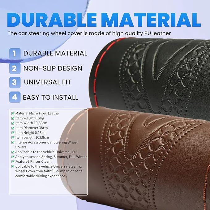 DEEYOTA Car Steering Wheel Cover Universal Fit Round Stitch Steering Wheel Wrap Thin PU Leather Steering Wheel Cover Sewn on 15" Car Wheel (Black)