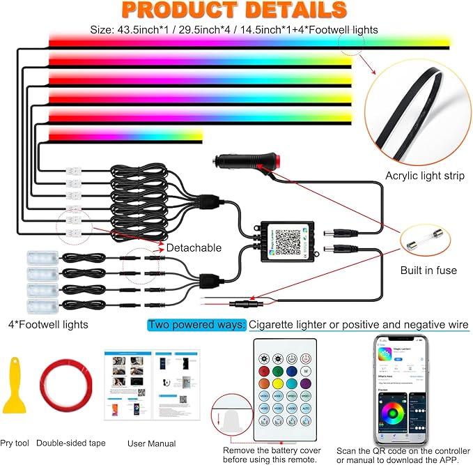 Interior Car LED Strip Lights, Acrylic LED Lights for Car with Dynamic Dreamcolor Chasing, Ambient Lighting Kits Music Sync Wireless APP and RF Remote Control (10 in 1)