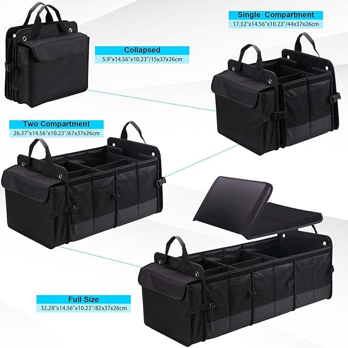 Large Trunk Organizer for Car, SUV, Truck with Removable Cooler Bag-Collapsible Multi Compartments w/Foldable Cover, Non Slip Bottom Cargo Storage (Black)