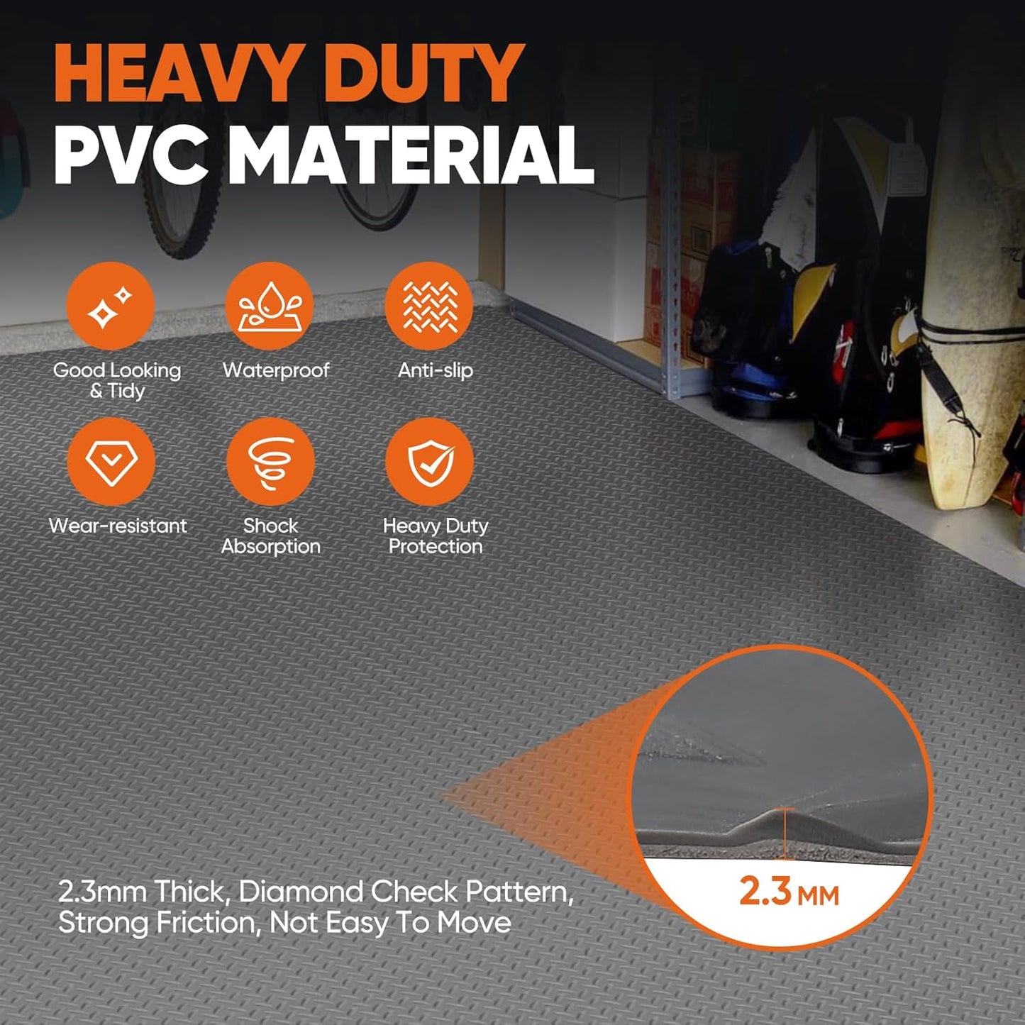 FAHKNS 7.5 X 17 FT Garage Floor Mat, Diamond Plate PVC Flooring Roll Thickened Garage Mats, Heavy Duty Parking Mat Waterproof Non-Slip Floor Protector For Car, Trailer, SUV, Basement, Gym, Shed (Grey)