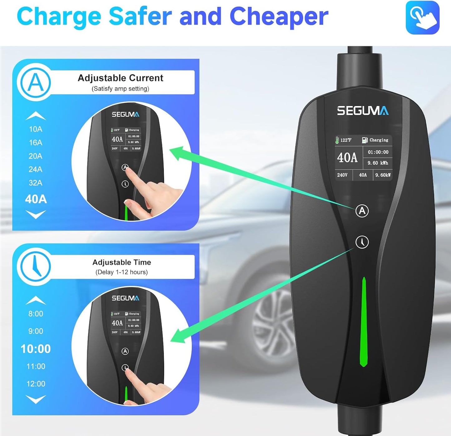 Level 2 EV Charger, 40Amp Electric Car Chargers 25FT Cable with NEMA 14-50 Plug, Adjustable Current, Timing Delay Electric Vehicle Chargers for J1772 BEVs/PHEVs 240V 9.6kW