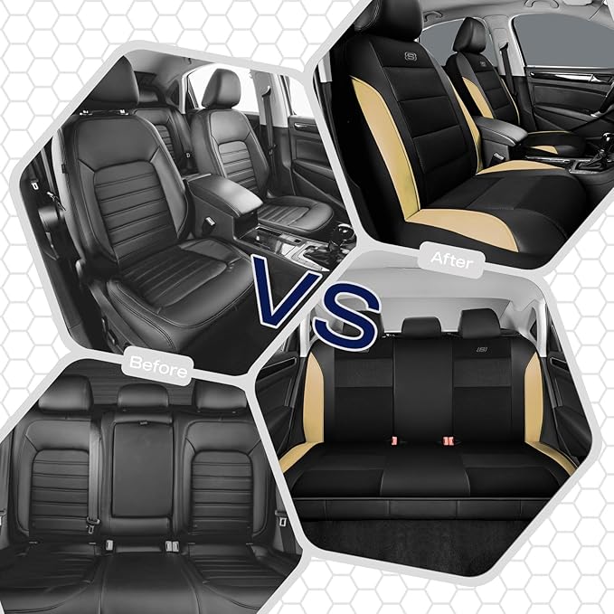 Skechers Aircooled & Memory Foam Seat Covers,Premium Leather with EVA Mesh Car Seat Covers,Seat Cover Full Sets,Airbag Compatible Automotive Comfort for Most Cars, Vans, Trucks, SUV,Beige
