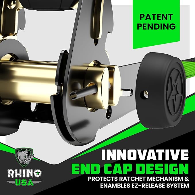 Rhino USA Ratchet Straps Tie Downs (4-Pack) - 1 Inch x 15 Feet (1,823lb Break Strength) - Ultimate Tie Down Straps with Safety S Hooks - for Trucks, Cargo, Moving, Appliances - Green