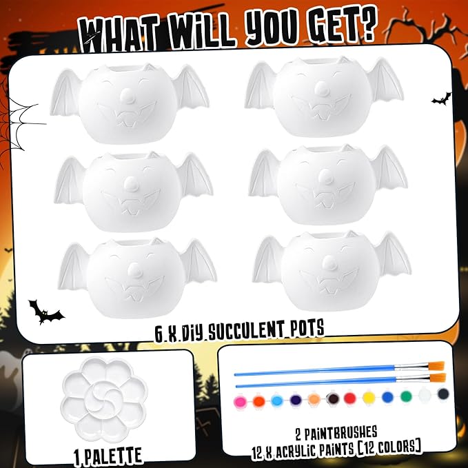 Pasimy 6 Set DIY Ceramic Succulent Planter Pots Paint Your Own Flower Pots Craft Kit Unpainted Bisque Paintable Flowerpot with Brush Palette Ready to Paint for Family Activity Gift (Bat)