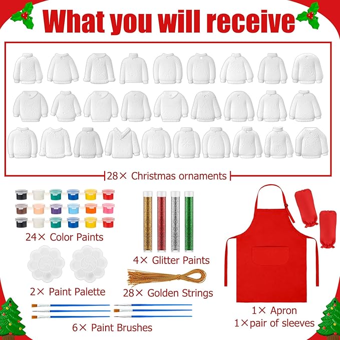 TecUnite 28 Pcs Ceramic to Paint Christmas Ornament Crafts Adults Unpainted DIY Ceramic Figurines Decorate and Paint Your Own Ornaments Kits DIY Craft Xmas Holiday Activities(Ugly Sweater)