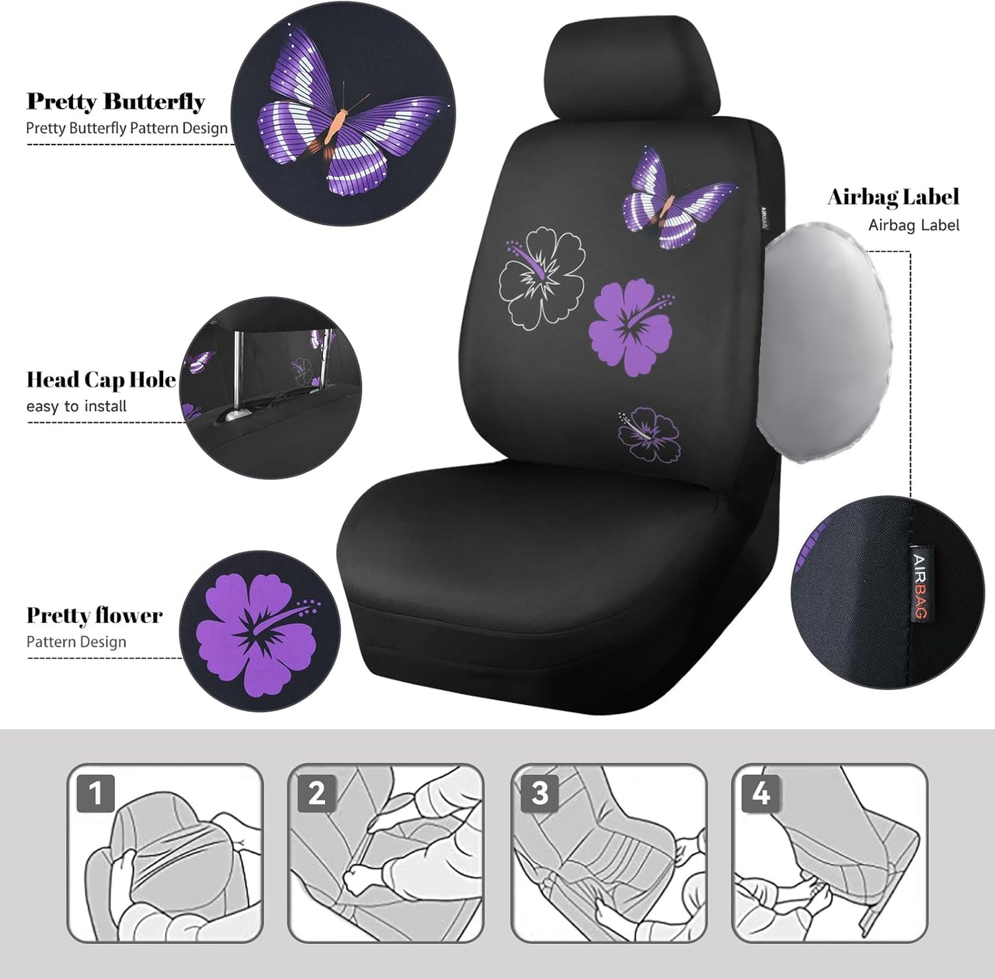 CAR PASS Universal Butterfly Car Seat Covers Front Set, Embroidered Flower Waterproof Car Floor Mats Carpet, Butterflies Steering Wheel Cover for Car Accessories Interior Sets (Black and Purple)