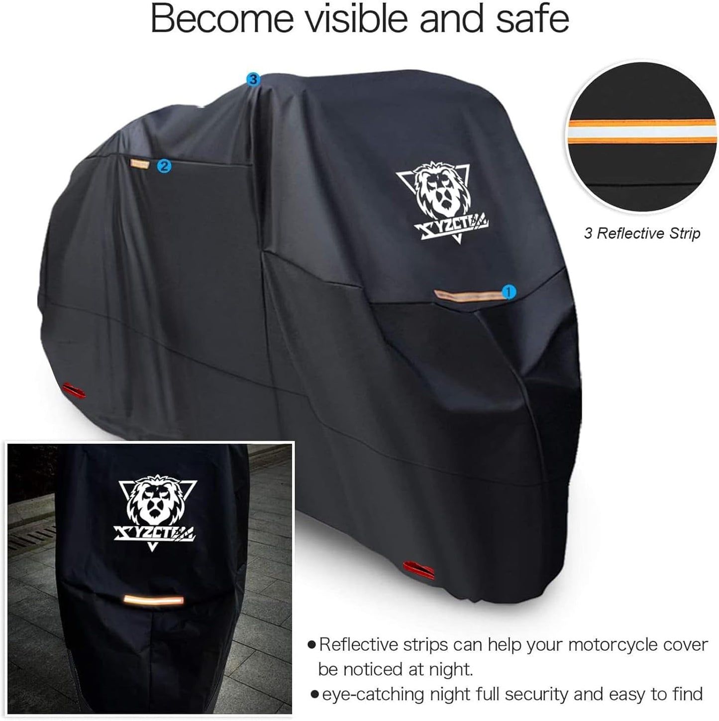 XYZCTEM Motorcycle Cover -Waterproof Outdoor Storage Bag, Made of Oxford Material Fits up to 87 inch, Compatible with Harley Davison and All Motors (Black& Lockholes& Professional Windproof Strap)