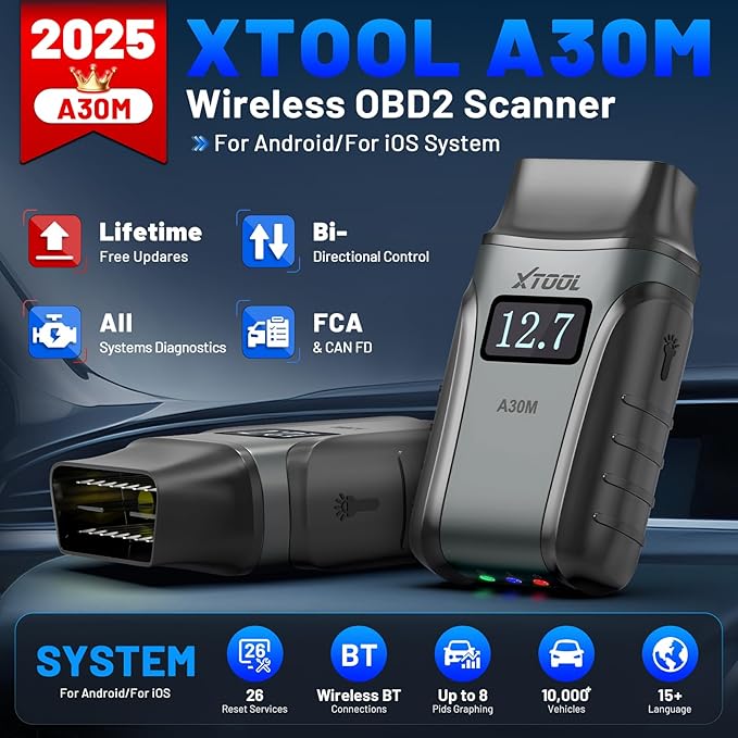 OBD2 Scanner Diagnostic Tool XTOOL Anyscan A30M V2.0, 2025 Wireless Bidirectional Scan Tool with Free Updates, 26 Resets, All System for Android & iPhone, Crank Sensor Relearn, EPB, Throttle Relearn
