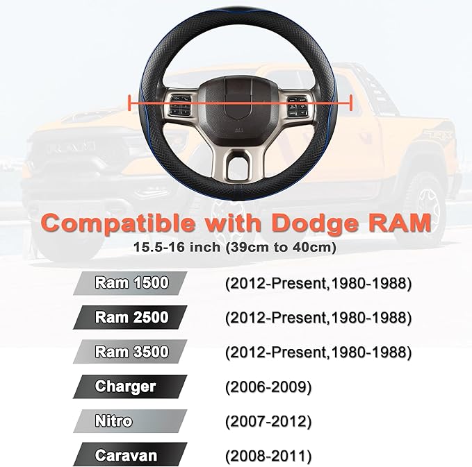 West Llama Customized Auto Car Steering Wheel Cover for Dodge RAM 1500 2500 3500, 15.5-16 inch (Black+Blue Line-Large Size)