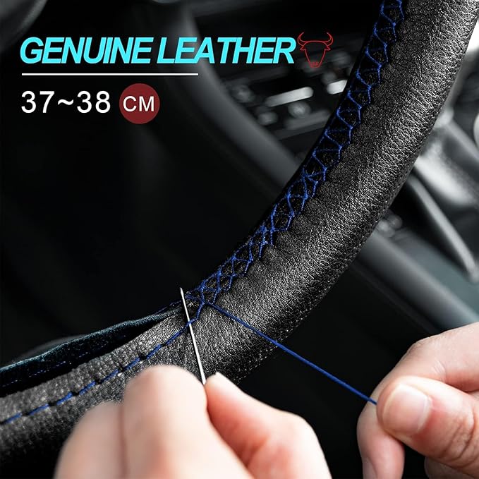 AUTOXBERT 38cm/15 Genuine Leather DIY Steering Wheel Cover Soft Hand Sewing On Wrap Cover with Needles Thread fit for VW Ford Nissan Kia Vauxhall