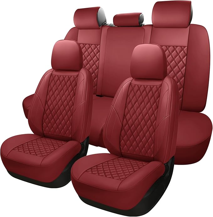 Premium Leather Car Seat Covers Full Set,Universal Fit for Cars,Trucks&SUVs,Waterproof Car Seat Cushion,Full Coverage Car Seat Protector with 5 Seats,Wine Red