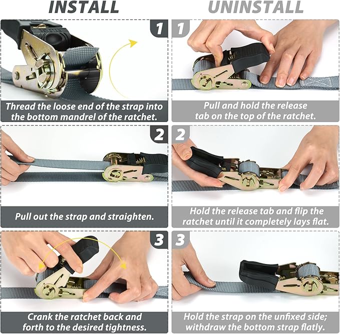 Ratchet Tie Down Strap 15 Ft - 500 lbs Load Cap with 1500 lbs Breaking Limit, Ohuhu Ratchet Tie Downs Logistic Cargo Straps for Moving Appliances, Motorcycle (Grey, 8-Pack)