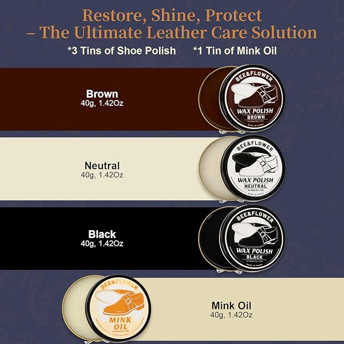 Shoe Polish Kit - Shoe Shine Kit | Leather Care Set with Horsehair Brush & Wooden Applicator | Portable Travel Case Included