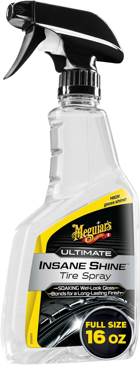 Meguiar's Ultimate Insane Shine Tire Spray - Premium Tire Dressing that Delivers a Lasting High Gloss Wet Look and is Easy to Use; Advanced Tire Shine that Bonds for a Long-Lasting Finish, 16 Oz Spray