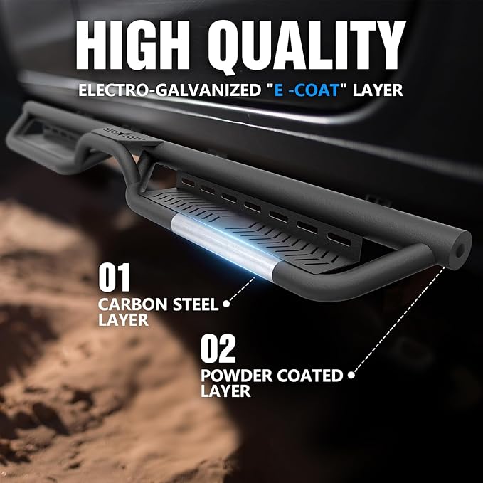 CrewMax Cab Running Boards Side Steps Compatible with 2007-2021 Toyota Tundra Crew Max Cab, Two Stair Drop Design Style Black Truck Side Rails Nerf Bars (Black Powder Coated, Star Logo)