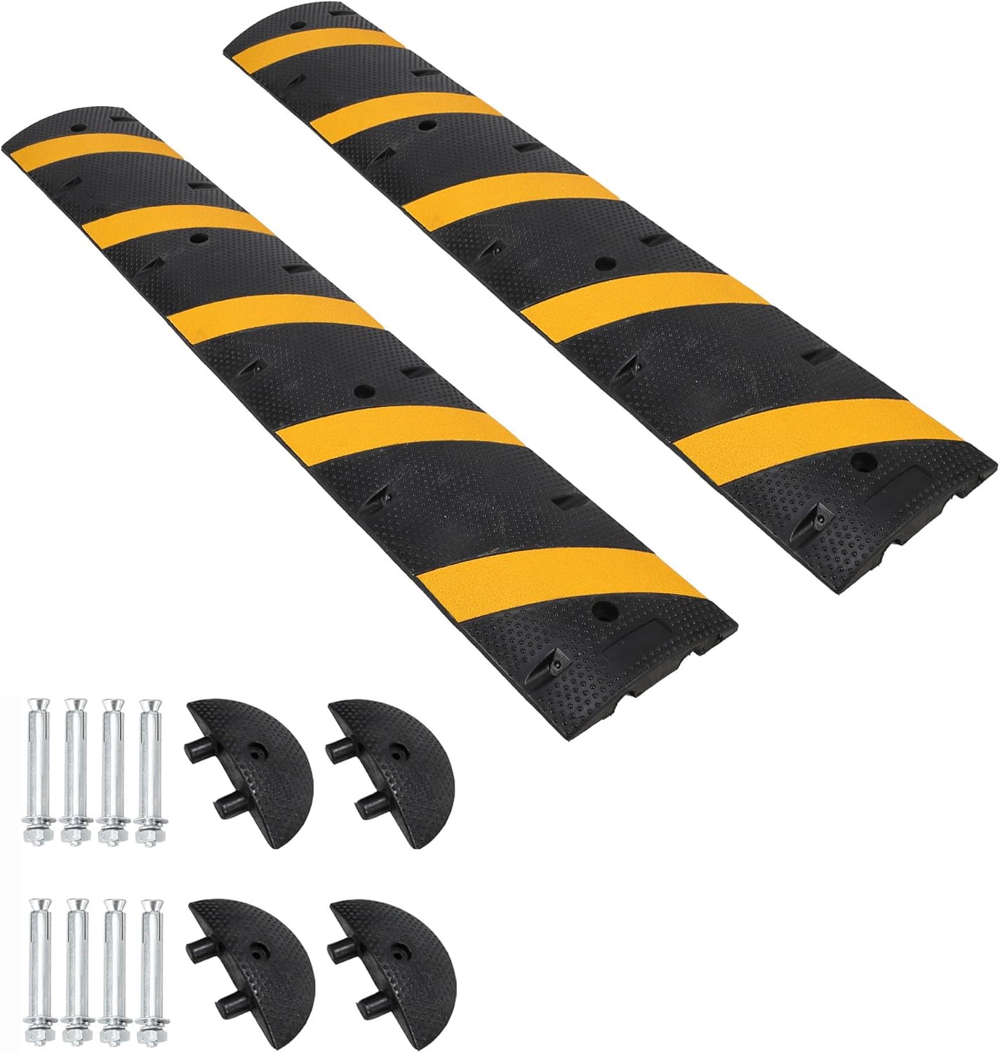 6FT Speed Bumps Wite End for Road, Heavy-Duty 25,000 Lbs Capacity Traffic Rubber Speed Humps with 2 Channel Floor Cord Cover for Asphalt Concrete Gravel Driveway Road