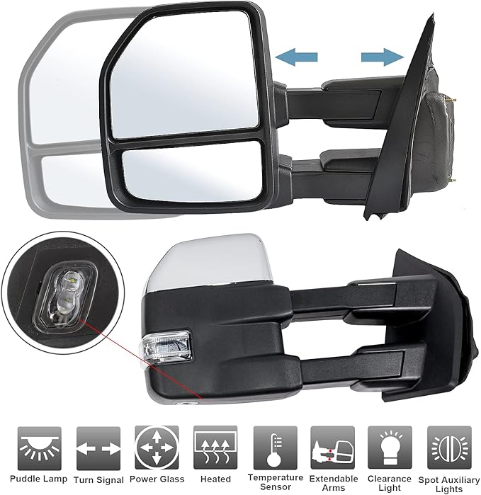 ReYee Towing Mirrors fit 2015 2016 2017 2018 2019 2020 Ford F150 Pickup Truck with Heated Power Turn Signal Temperature Sensor Puddle Light Auxiliary Lamp Manual Extendable Chrome Cap 22 Pin Plug