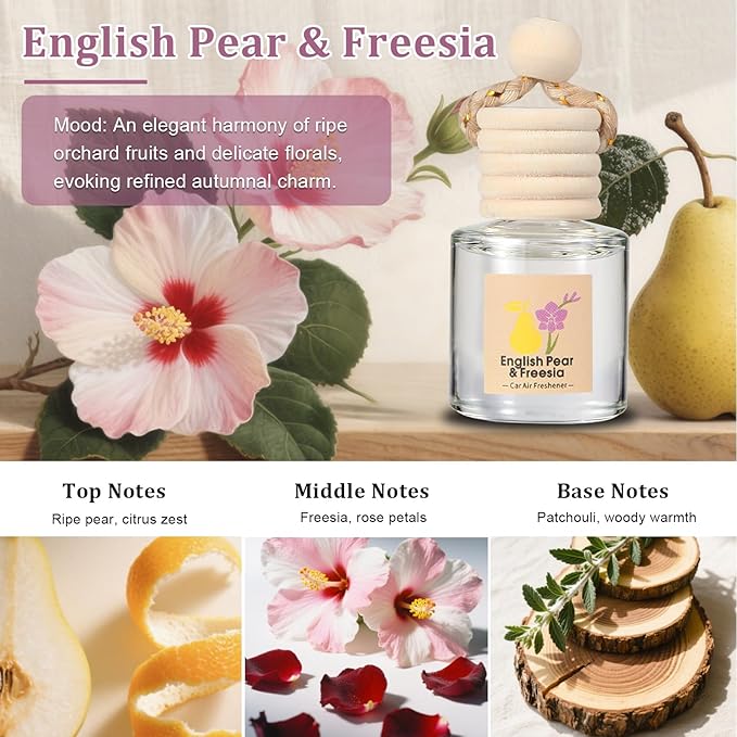Car Air Freshener Oil Diffuser - Hanging Long Lasting Scent for Car & Home (BlackBerry & Bay, White Musk & Cedarwood, English Pear & Freesia, Wild Bluebell)