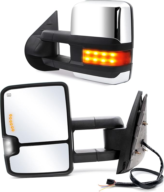 ReYee Towing Mirrors fit for 2007-2014 Chevy Silverado 1500 2500 3500 Tahoe Suburban GMC Yukon Sierra with Heated Power Arrow Signal On Glass Turn Signal Light Manual Telescoping Folding Chrome Cap
