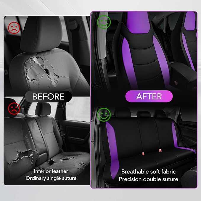 Road Comforts Car Seat Cover, Leather Full Set Car Seat Cover, Automotive Interior Seat Covers, Universal Fit for Most Cars, SUVs, Trucks, and Vans, Airbag Compatible (Purple)