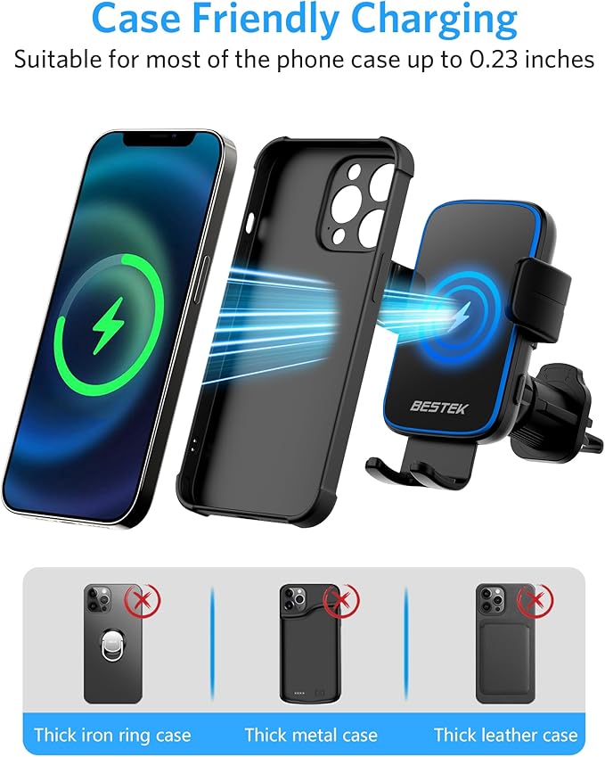 Wireless Car Charger, BESTEK 15W Fast Charging Auto Clamping Car Phone Holder with QC3.0 Car Charger, Air Vent Car Phone Mount Compatible with iPhone 15/14/13/12/X/8 Series, Samsung, LG,Google