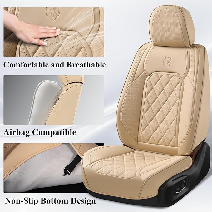 Coverado Front Seat Covers, Luxury Faux Leather Waterproof Seat Cover, Beige Car Seat Protector, Car Seat Cover Front Seats, Automotive Seat Covers Universal Fit for Most Cars (Front, Beige)