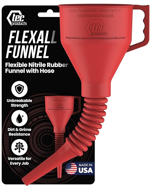 TEC Products FlexAll Long Flexible Funnel for Automotive Use - Durable Nitrile Rubber - Ideal for Car Oil Change, Transmission Funnel Fluid, Diesel, Fuel, Gas - Made in USA - Red (16 x 5 Inches)