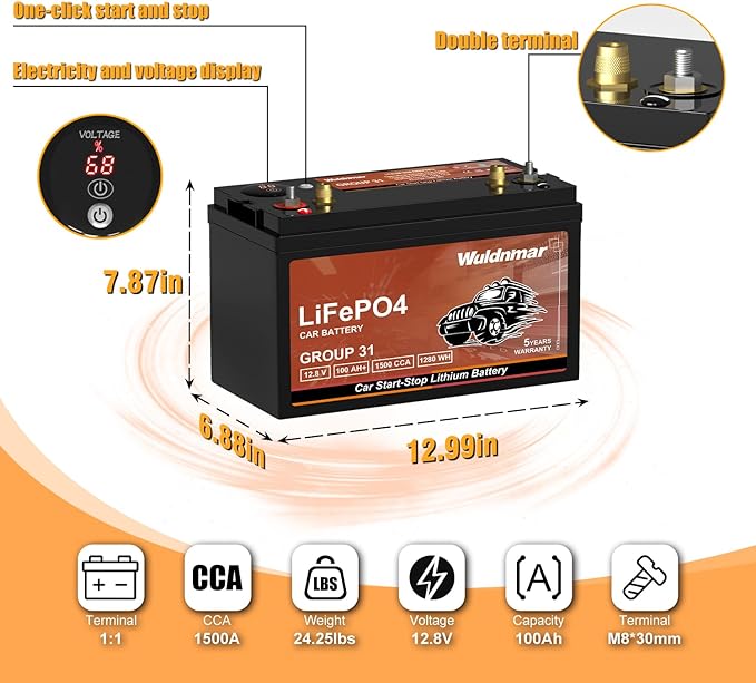 12.8V 100Ah 1500A LiFePO4 Group31 Lithium-ion Automotive Start Stop Battery Lightweight High Performance with Battery Level Display