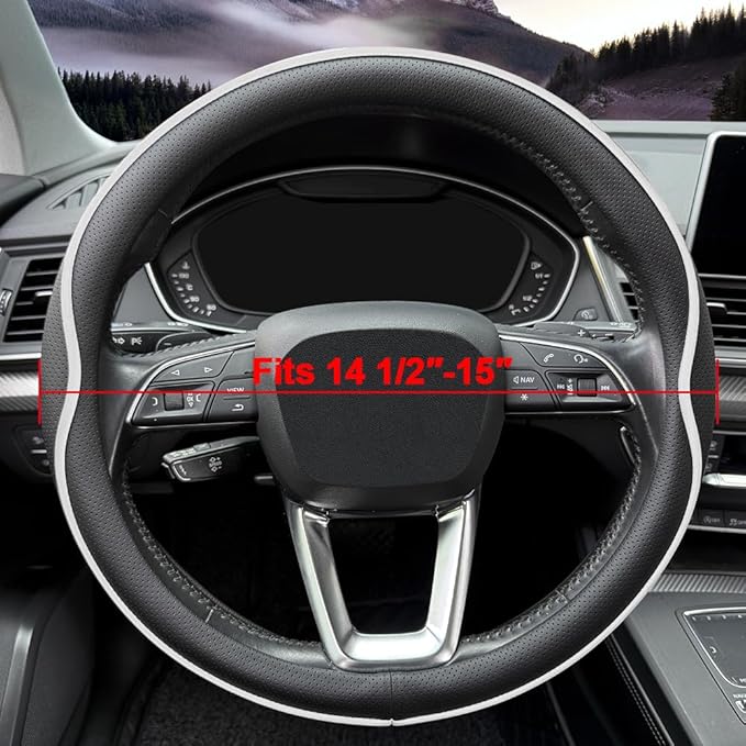 Leather Steering Wheel Cover， with Anti-Slip Stripe Design - Enhanced Grip, Fashion Style, Safe, Non-Slip, Breathable. Upgrade car Interior，Black White