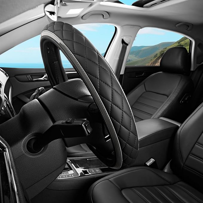 Road Comforts Leather Steering Wheel Cover – Black & Gray, Universal Fit 14.5-15 Inch, Microfiber Leather, Anti-Slip & Breathable Design for Men and Women