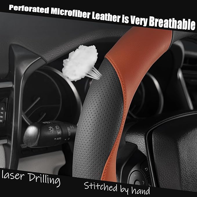 Steering Wheel Cover Universal Standard Size 14.5-15 inch, Breathable Microfiber Leather, Anti-Slip, Soft Grip, Sporty Design, Fits for Cars SUVs Trucks, Black and Orange