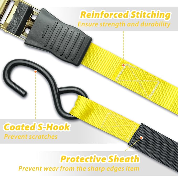 Ratchet Tie Down Strap 15 Ft - 500 lbs Load Cap with 1500 lbs Breaking Limit, Ohuhu Ratchet Tie Downs Logistic Cargo Straps for Moving Appliances, Motorcycle (Yellow, 8-Pack)