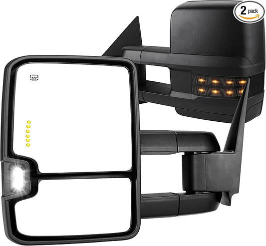 AUTOSAVER88 Towing Mirrors Compatible with 1999-2002 Chevy Silverado Sierra 1500 2500, 2001-2002 GMC Yukon XL Denali, LED Turn Signal Light Power Heated Telescoping Tow Mirrors Pair Set Black