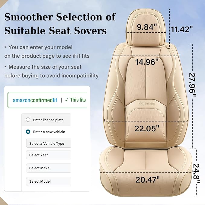 Coverado Car Seat Covers Full Set, Premium Nappa Leather Seat Covers for Car, Waterproof Car Seat Protector with Lumbar Support, Automotive Seat Covers Universal Fit for Most Cars SUV Truck(Beige)