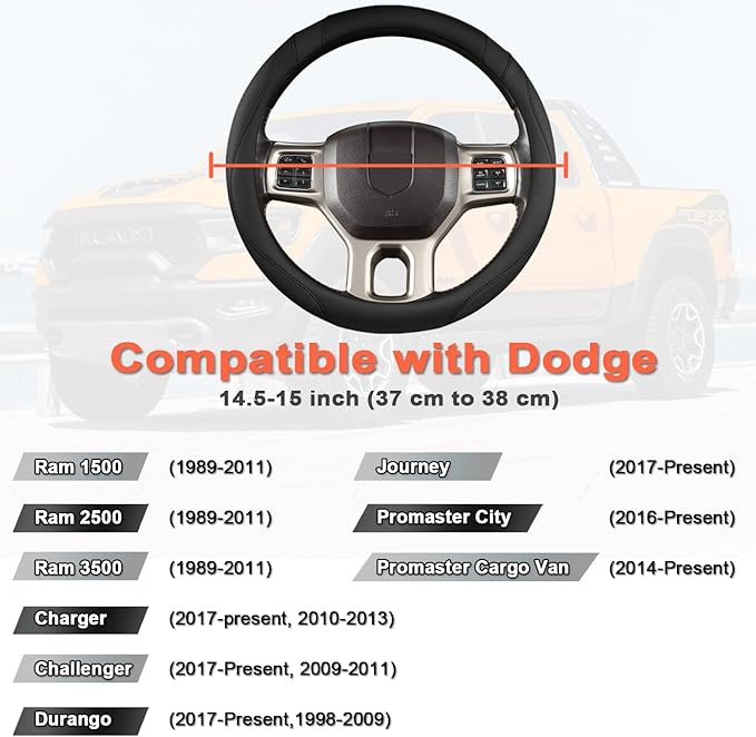 West Llama Customized Auto Car Steering Wheel Cover for Dodge 1989-2011 RAM 1500 2500 3500, Charger, Durango, Challenger (Black-Standard Size)