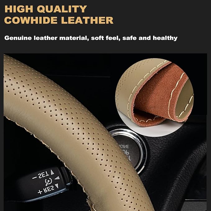 AUTOXBERT 38cm/15 Inch Genuine Leather DIY Steering Wheel Cover Soft Hand Sewing On Wrap Cover with Needles Thread fit for VW Ford Nissan Kia Vauxhall