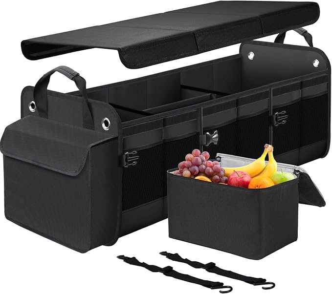 Large Trunk Organizer for Car, SUV, Truck with Removable Cooler Bag-Collapsible Multi Compartments w/Foldable Cover, Non Slip Bottom Cargo Storage (Black)