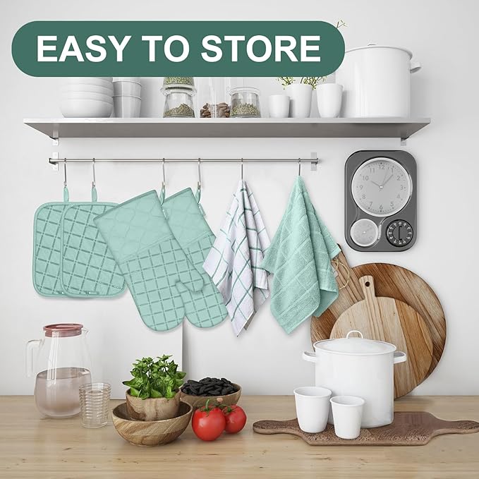Oven Mitts Pot Holders Sets/Kitchen Towels and Dishcloths, Oven Gloves Kitchen Dish Towels 500 Degree Heat Resistant Potholders with Non-Slip Silicone Surface for Cooking, Grilling, Baking-Mint Green