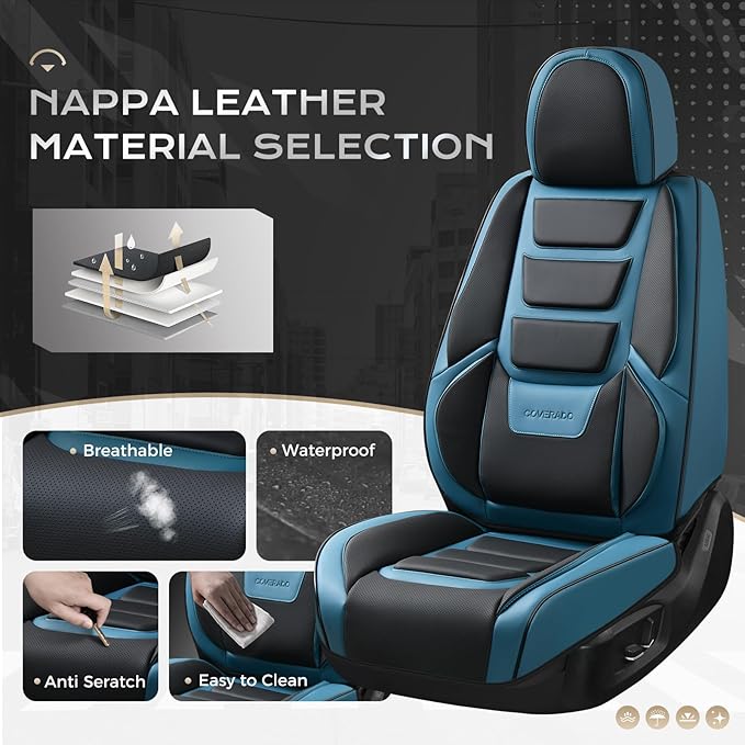Coverado Car Seat Covers, Front Covers for Cars, Car Seat Cover Front Seats, Automotive Seat Cover, Waterproof, Leather Car Seat Cushion, Universal Interior Covers Seat Protectors for Most Cars Blue
