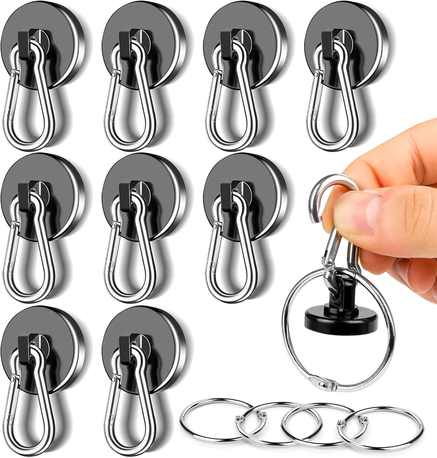 MIKEDE Magnetic Hooks Heavy Duty, 70LBS Strong Magnetic Hooks with Carabiner Hooks, Neodymium Black Magnets with Swivel Hooks Great for Hanging, Kitchen, Grill, Locker or Cruise Cabin - 10 Pack