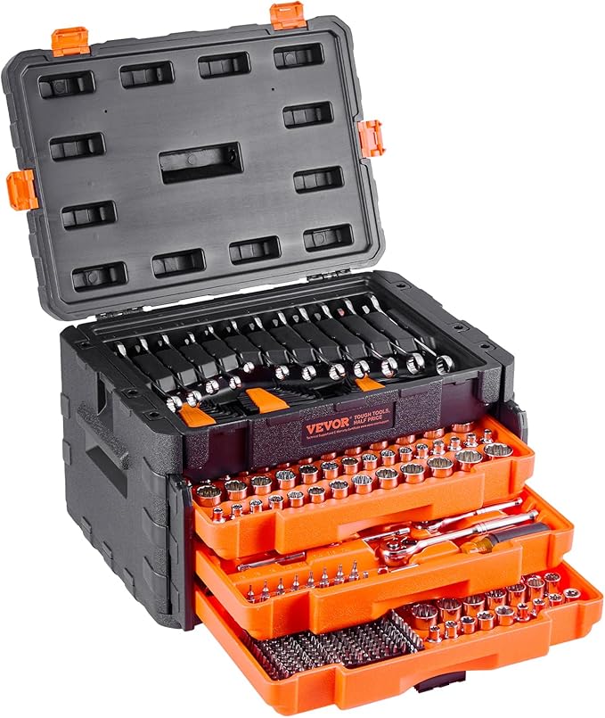 VEVOR Mechanics Tool Set and Socket Set, 450 Pcs, 1/4, 3/8 and 1/2 inch Drive Deep and Standard Sockets, SAE Metric Mechanic Tool Kit with Bits, Wrenches, Accessories, Storage Case with Orange Drawer