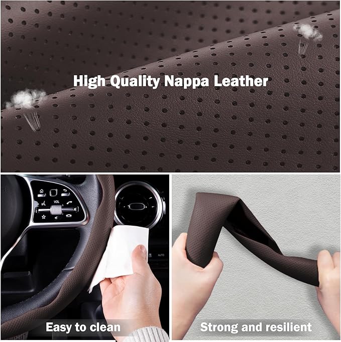 Nappa Leather Car Steering Wheel Cover for Men Women, Ultra-Thin Non-Slip Breathable Microfibre, Universal for 14.5"-15" Steering Wheel - Brown